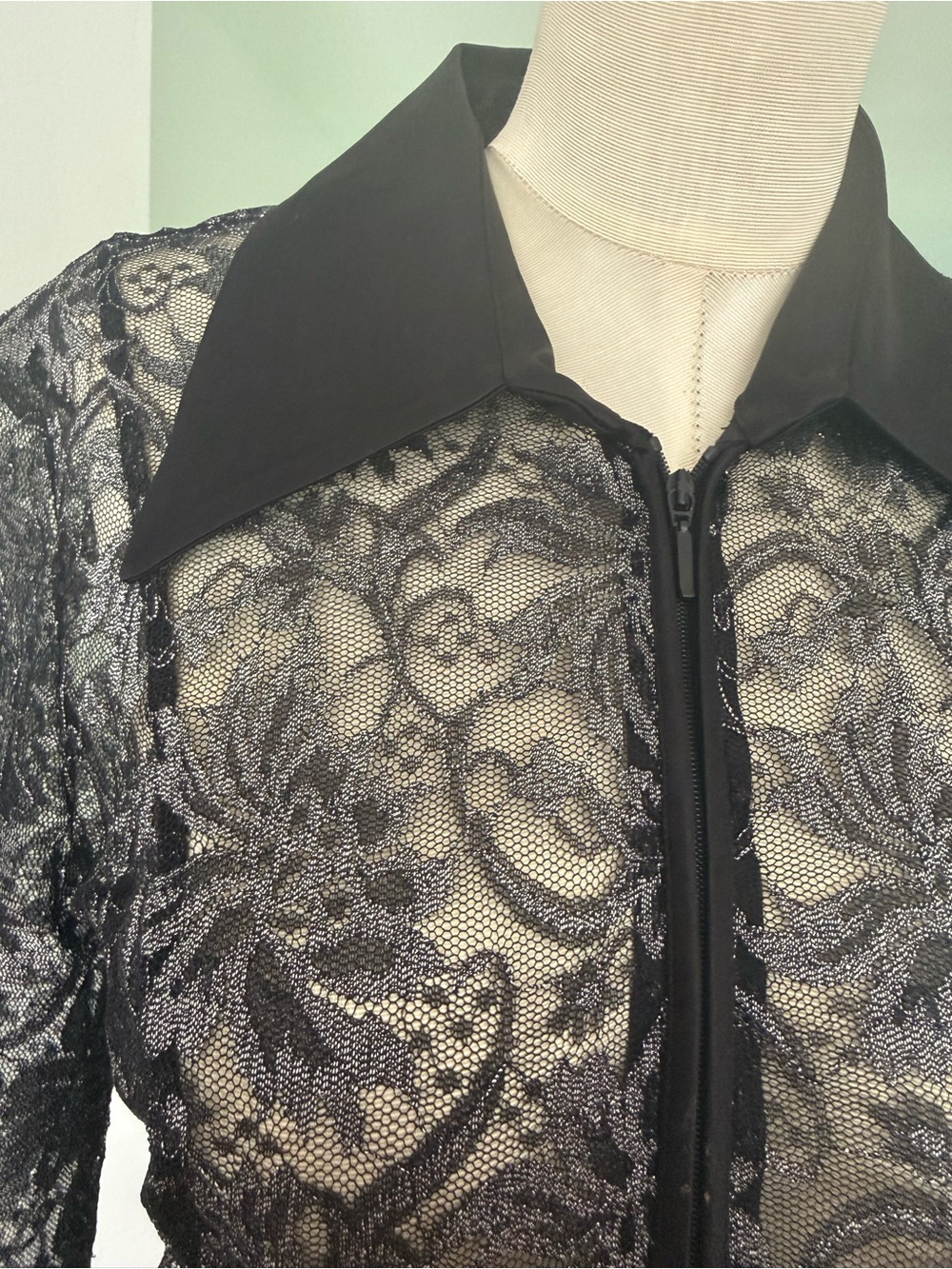 Cache Black Sheer Lace Zip-Front Blouse - Picture 2 of 5